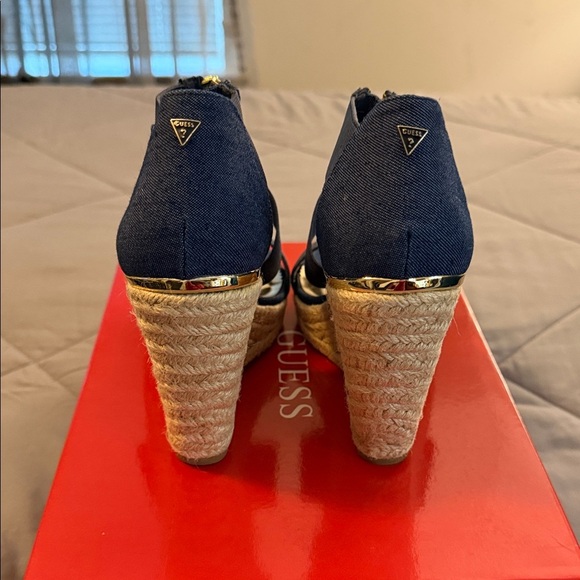 Guess Dark Blue Wedge Sandals with Gold Zipper - Picture 4 of 6